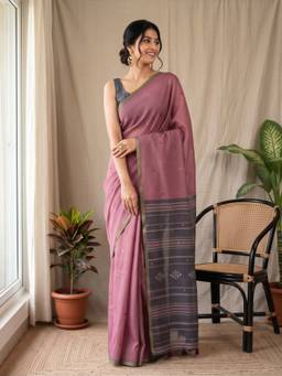 Akhilam - Women Linen Blend Mauve Embroidered Designer Saree