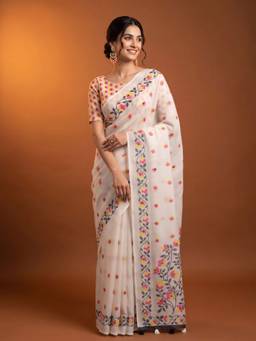 Akhilam - Women Linen Blend Off White Embroidered Designer Saree