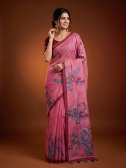 Akhilam - Women Linen Blend Pink Floral Designer Saree
