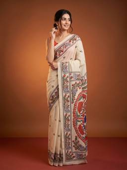 Akhilam - Women Chinon Off White Printed Designer Saree