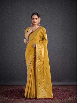 Monjolika Fashion - Mustard Banarasi Tissue Paisley Zari Woven Soft Silk Saree