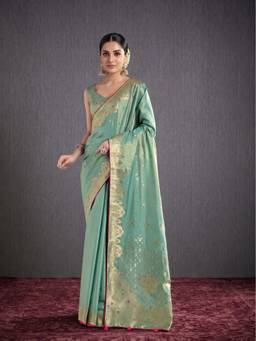 Monjolika Fashion - Turquoise Banarasi Tissue Paisley Zari Woven Soft Silk Saree