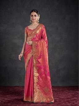 Monjolika Fashion - Pink Banarasi Tissue Paisley Zari Woven Soft Silk Saree