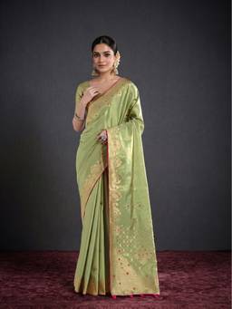 Monjolika Fashion - Green Banarasi Tissue Paisley Zari Woven Soft Silk Saree