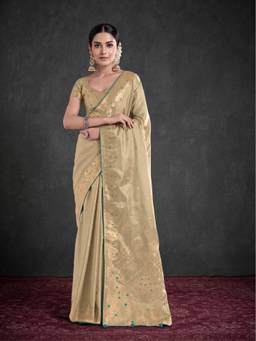 Monjolika Fashion - Gold Banarasi Tissue Paisley Zari Woven Soft Silk Saree