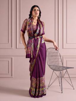 Akhilam - Women Satin Purple Printed Designer Saree