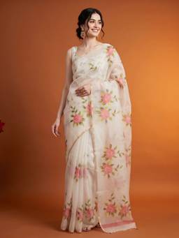Akhilam - Women Organza White Woven Designer Handloom Saree