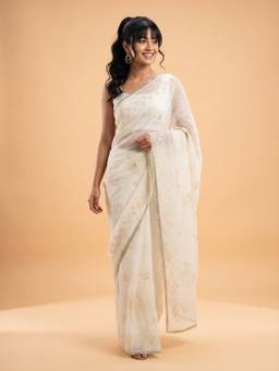 Akhilam - Women Georgette White Embroidered Designer Saree