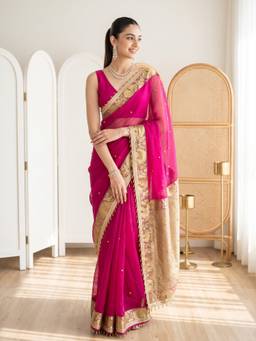Akhilam - Women Silk Blend Pink Embroidered Designer Saree