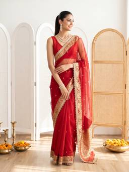Akhilam - Women Silk Blend Red Embroidered Designer Saree