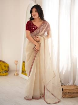 Akhilam - Women Net Beige Embroidered Designer Saree