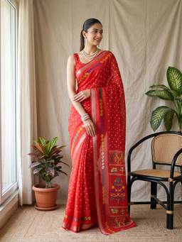 Akhilam - Women Georgette Red Printed Designer Saree