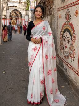 AAKAR - Durga Drishti White Festive Handloom Saree