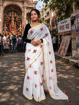 AAKAR - White Swastik Motifs Printed Handloom Saree