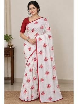 AAKAR - White Durga Eye Bloom Printed Handloom Saree