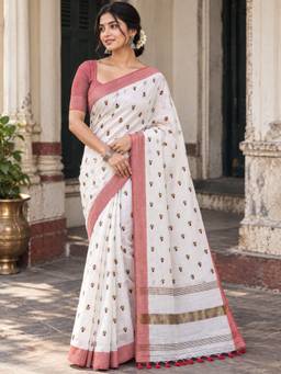AAKAR - White Cotton Embroidered Floral Buta Handloom Saree