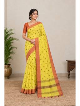 AAKAR - Sunshine Yellow Cotton Silk Floral Embroidered Handloom Saree
