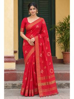 AAKAR - Red Cotton Embroidered Thread Work Handloom Saree