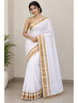 AAKAR - White Cotton Golden Zari Tassel Pallu Handloom Saree