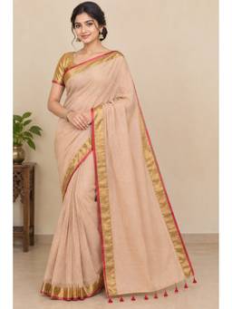 AAKAR - Beige Cotton Zari Tassel Detailing Handloom Saree