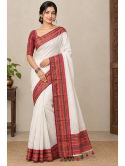 AAKAR - White Cotton Woven Tassel Pallu Handloom Saree
