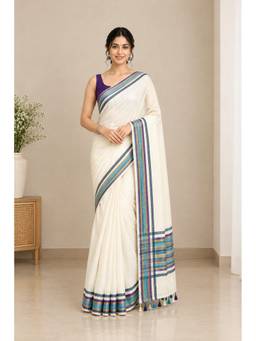 AAKAR - White Cotton Woven Tassel Pallu Handloom Saree