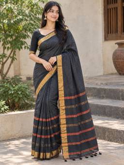 AAKAR - Black Cotton Zari Tassel Pallu Handloom Saree
