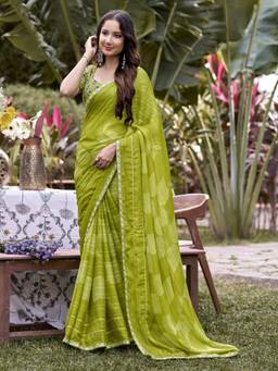Akhilam - Women Chiffon Green Embroidered Designer Saree