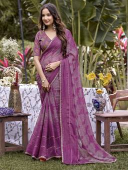 Akhilam - Women Chiffon Mauve Embroidered Designer Saree