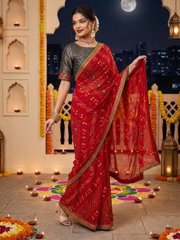 Akhilam - Women Georgette Red Embroidered Designer Saree