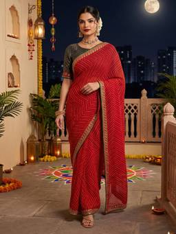 Akhilam - Women Georgette Red Embroidered Designer Saree