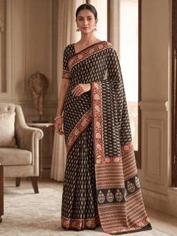 Ushvii - Women Pure Cotton Black Printed Bagru Saree