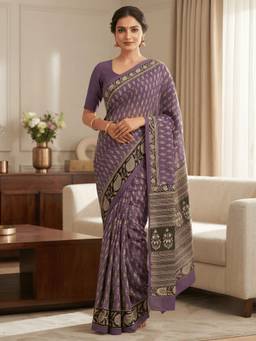 Ushvii - Women Pure Cotton Purple Printed Bagru Saree