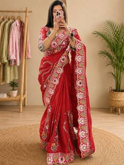 Akhilam - Women Georgette Red Embroidered Designer Saree
