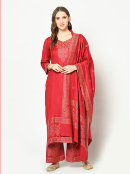 Safaa - Red Self Design Woollen Unstitched Dress Material (Set of 3)