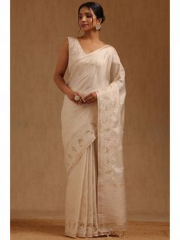 Soch - Cream Embroidered Saree with Unstitched Blouse