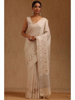 Soch - Cream Embroidered Saree with Unstitched Blouse