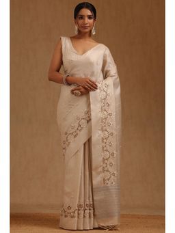 Soch - Cream Embroidered Saree with Unstitched Blouse