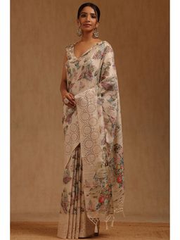 Soch - Cream Printed Saree with Unstitched Blouse