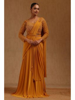 Soch - Mustard Solid Ready to wear Saree with Stitched Blouse and Belt