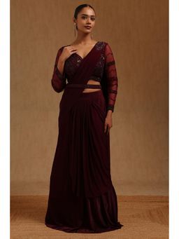 Soch - Wine Solid Ready to wear Saree with Stitched Blouse and Belt