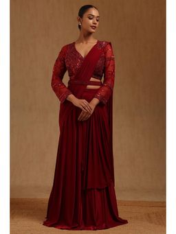 Soch - Maroon Solid Ready to wear Saree with Stitched Blouse and Belt