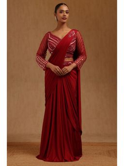 Soch - Maroon Solid Ready to wear Saree with Stitched Blouse with Stitched