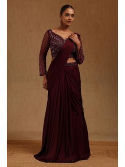 Soch - Wine Solid Ready to wear Saree with Stitched Blouse with Stitched