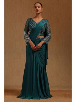 Soch - Teal Solid Ready to wear Saree with Stitched Blouse with Stitched