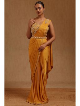 Soch - Mustard Solid Ready to wear Saree with Stitched Blouse and Belt