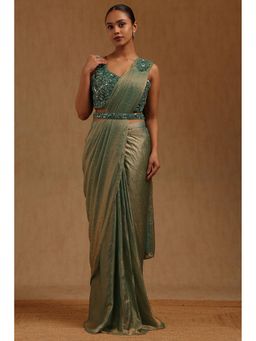Soch - Green Solid Ready to wear Saree with Stitched Blouse and Belt