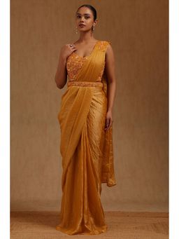 Soch - Mustard Solid Ready to wear Saree with Stitched Blouse and Belt