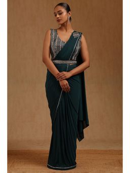 Soch - Teal Solid Ready to wear Saree with Stitched Blouse and Belt