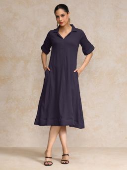 Varanga - Navy Blue Solid Midi Dress